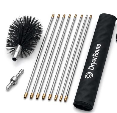 DryerRoute dryer vent cleaning kit with rods, brush head, adapter, and storage sleeve